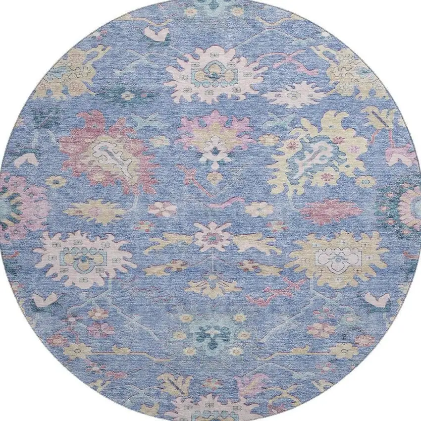 8' Blue Blush And Gold Floral Washable Round Rug With UV Protection Photo 3