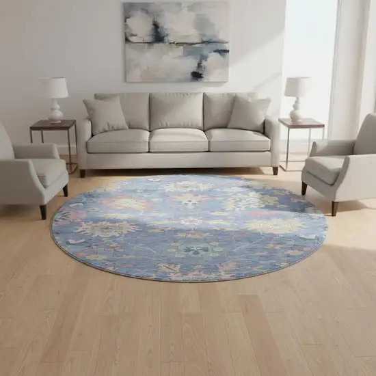 8' Blue Blush And Gold Floral Washable Round Rug With UV Protection Photo 2