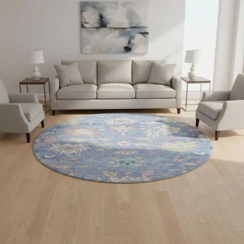 8' Blue Blush And Gold Floral Washable Round Rug With UV Protection Photo 2