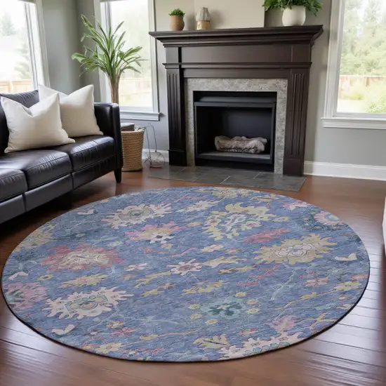 8' Blue Blush And Gold Floral Washable Round Rug With UV Protection Photo 4