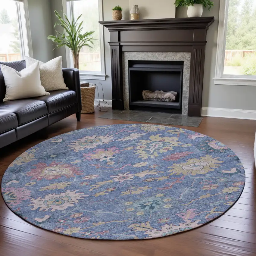 8' Blue Blush And Gold Floral Washable Round Rug With UV Protection Photo 4