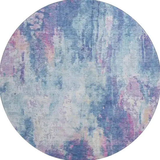 8' Blue Blush And Ivory Abstract Washable Round Rug With UV Protection Photo 3