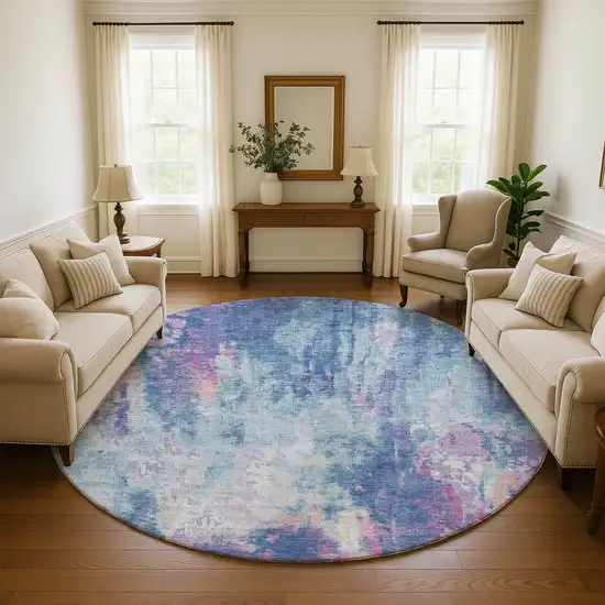 8' Blue Blush And Ivory Abstract Washable Round Rug With UV Protection Photo 4