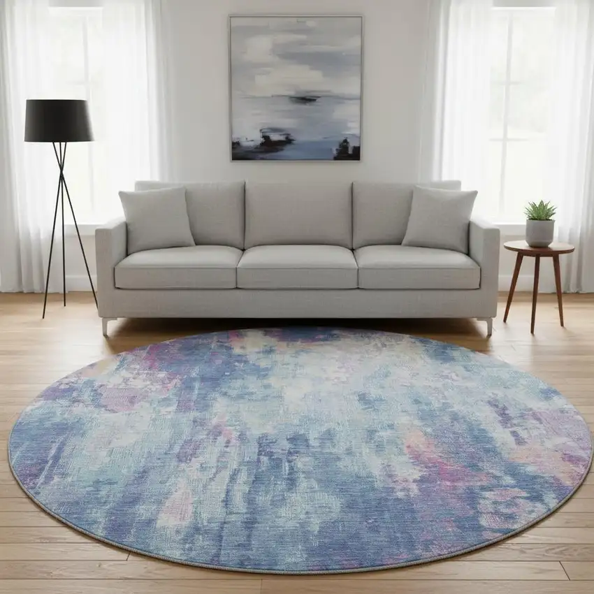 8' Blue Blush And Ivory Abstract Washable Round Rug With UV Protection Photo 2