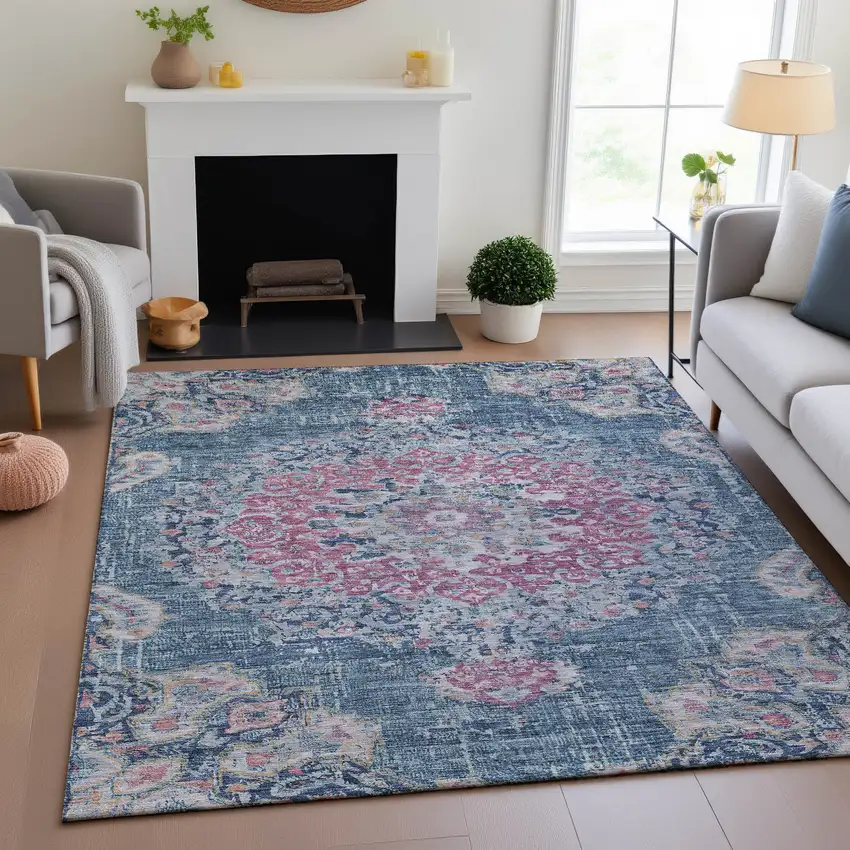 8' Blue Blush And Ivory Floral Washable Area Rug With UV Protection Photo 4