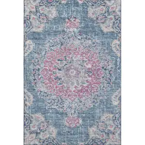 Photo of 8' Blue Blush And Ivory Floral Washable Area Rug With UV Protection