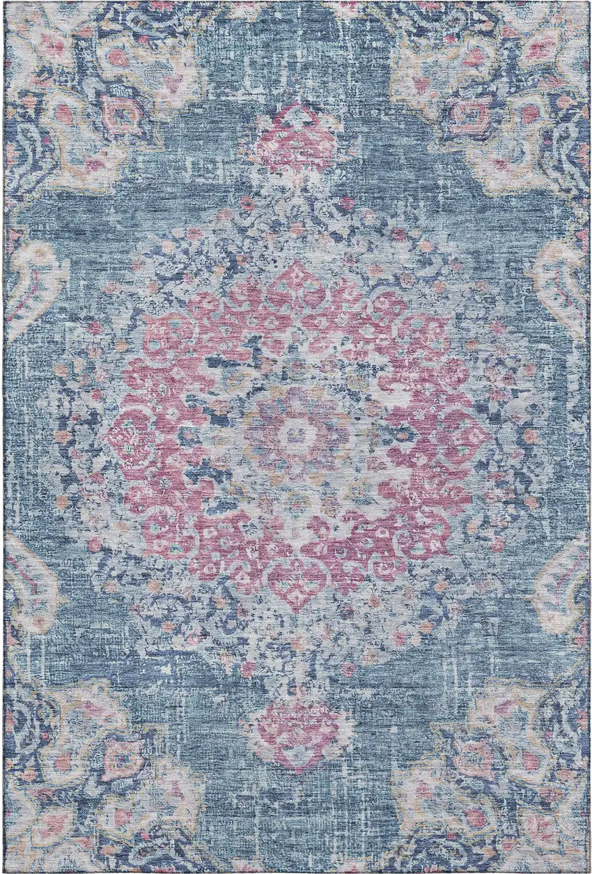 8' Blue Blush And Ivory Floral Washable Area Rug With UV Protection Photo 1
