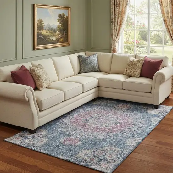 8' Blue Blush And Ivory Floral Washable Area Rug With UV Protection Photo 2