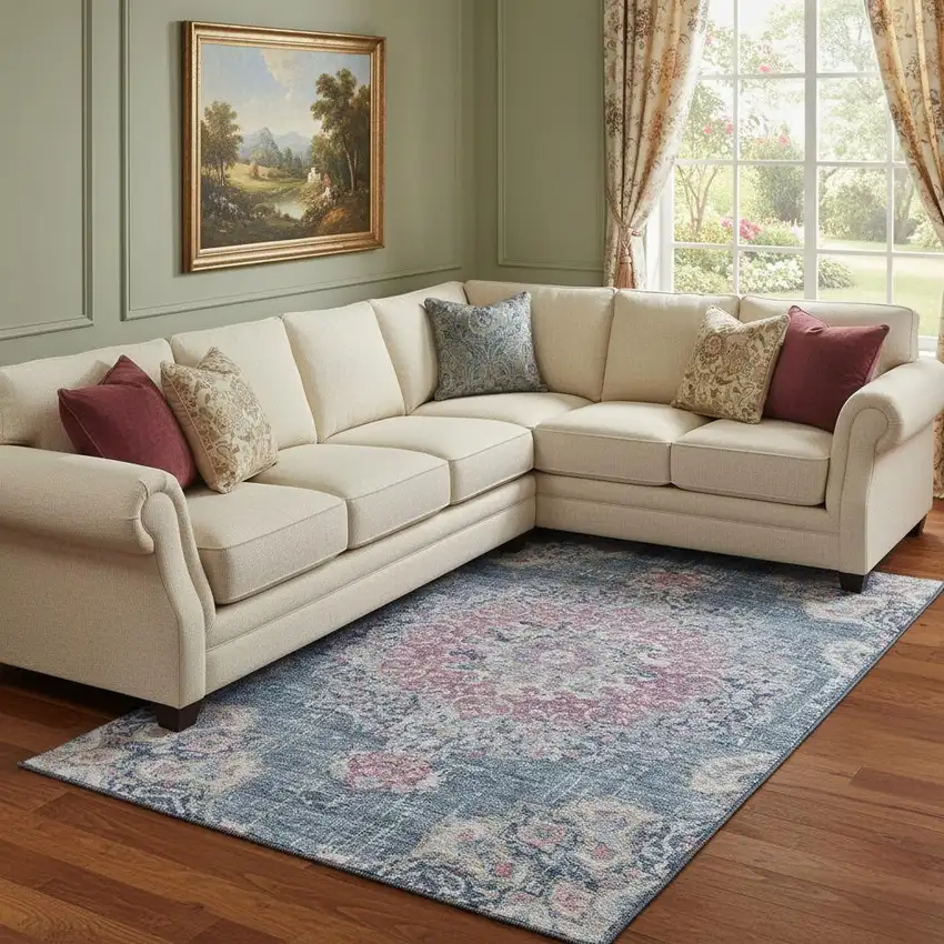 8' Blue Blush And Ivory Floral Washable Area Rug With UV Protection Photo 2