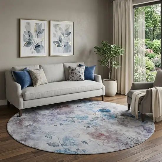 8' Blue Blush And Ivory Floral Washable Round Rug With UV Protection Photo 1