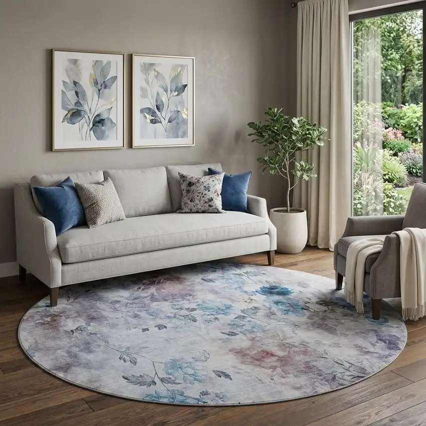 8' Blue Blush And Ivory Floral Washable Round Rug With UV Protection Photo 1