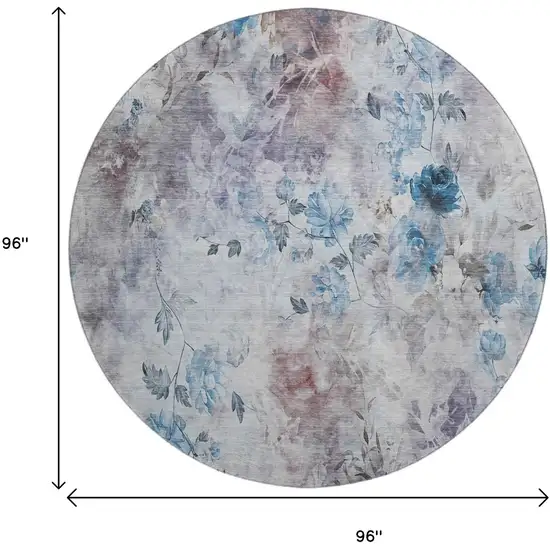 8' Blue Blush And Ivory Floral Washable Round Rug With UV Protection Photo 6