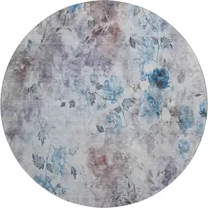 Photo of 8' Blue Blush And Ivory Floral Washable Round Rug With UV Protection