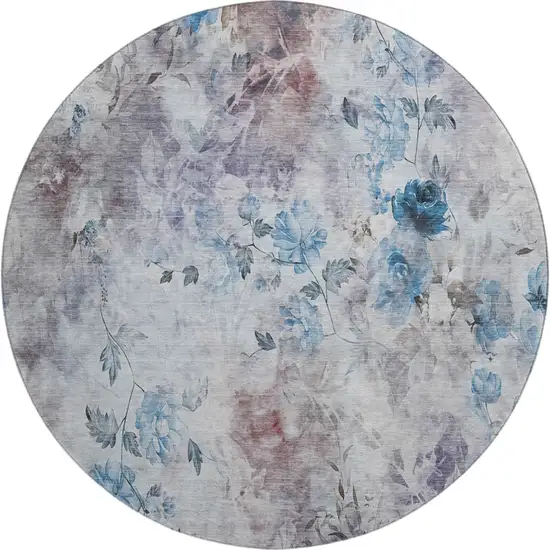 8' Blue Blush And Ivory Floral Washable Round Rug With UV Protection Photo 1