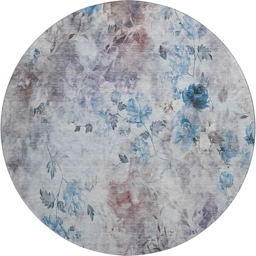 8' Blue Blush And Ivory Floral Washable Round Rug With UV Protection Photo 1