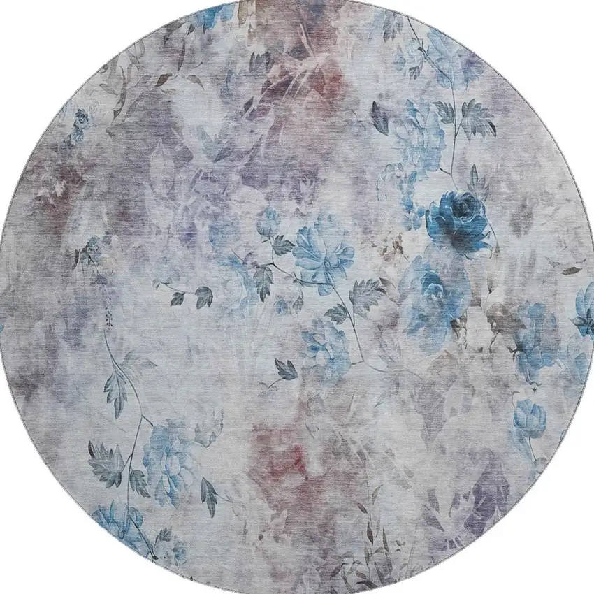 8' Blue Blush And Ivory Floral Washable Round Rug With UV Protection Photo 4
