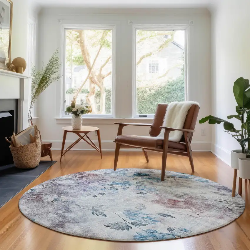 8' Blue Blush And Ivory Floral Washable Round Rug With UV Protection Photo 5