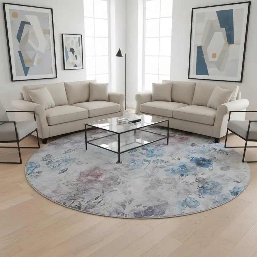 8' Blue Blush And Ivory Floral Washable Round Rug With UV Protection Photo 2