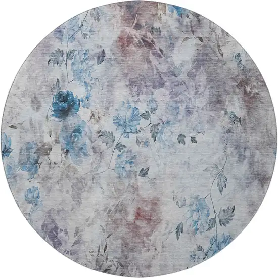 8' Blue Blush And Ivory Floral Washable Round Rug With UV Protection Photo 3