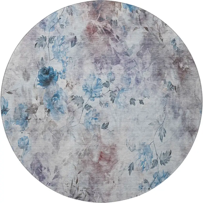 8' Blue Blush And Ivory Floral Washable Round Rug With UV Protection Photo 3