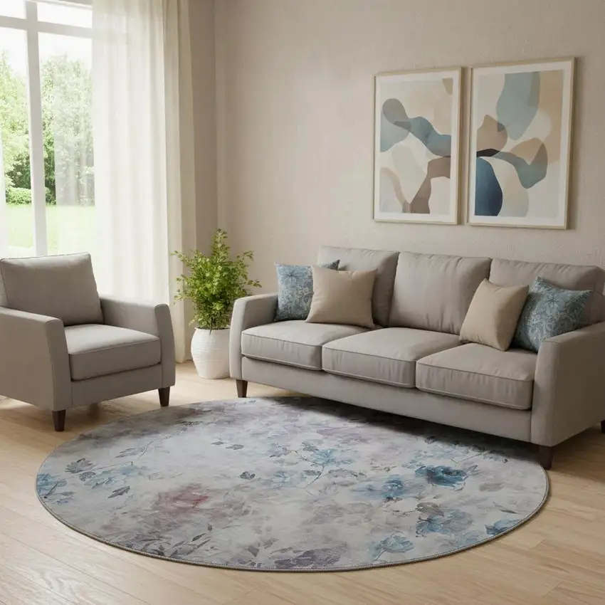8' Blue Blush And Ivory Floral Washable Round Rug With UV Protection Photo 1