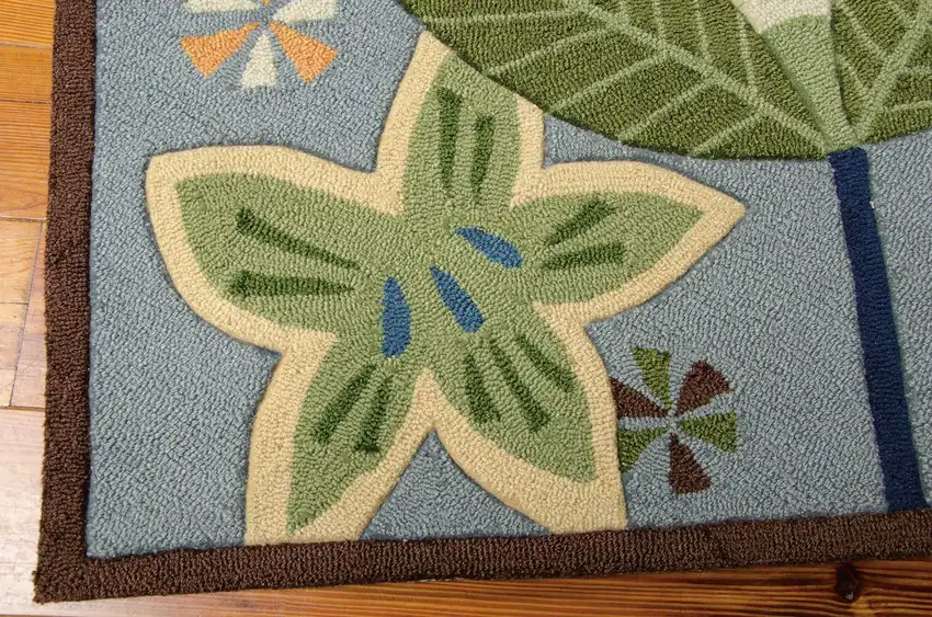 8' Blue Botanical Leaves Hand Carved Handmade Runner Rug Photo 3