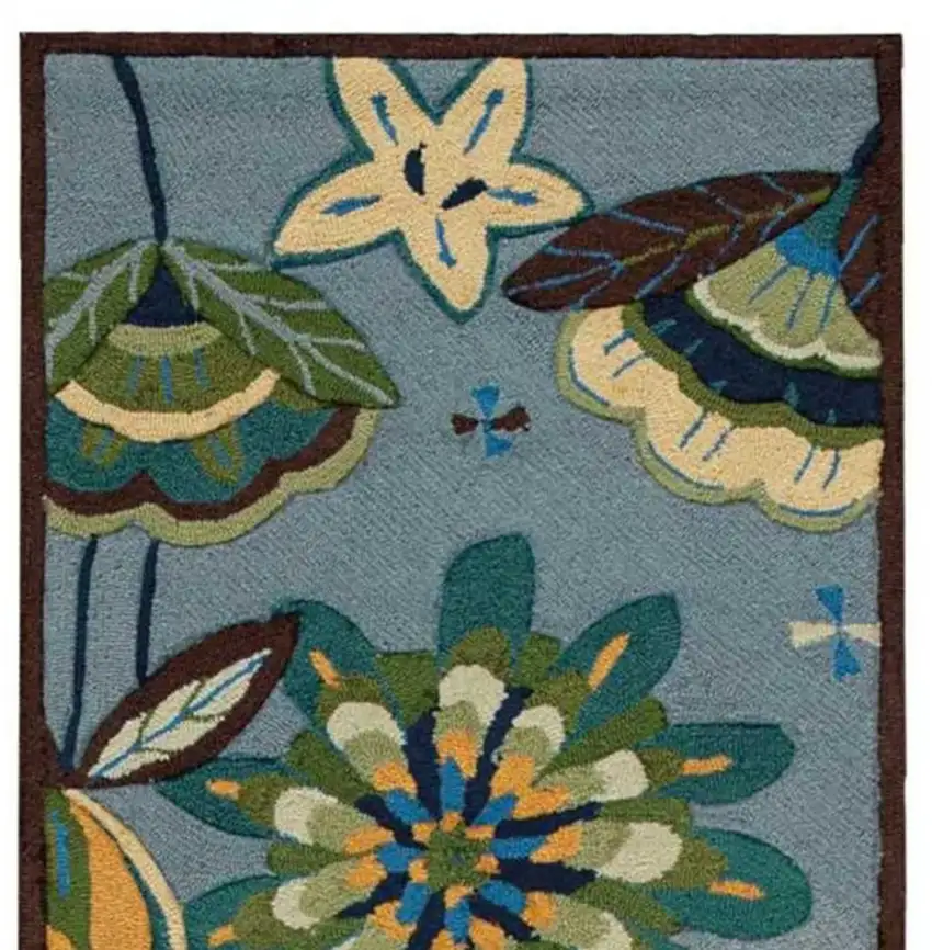 8' Blue Botanical Leaves Hand Carved Handmade Runner Rug Photo 4