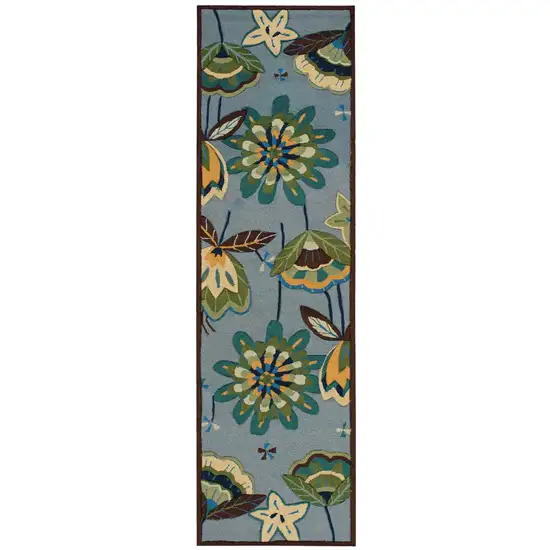 8' Blue Botanical Leaves Hand Carved Handmade Runner Rug Photo 1