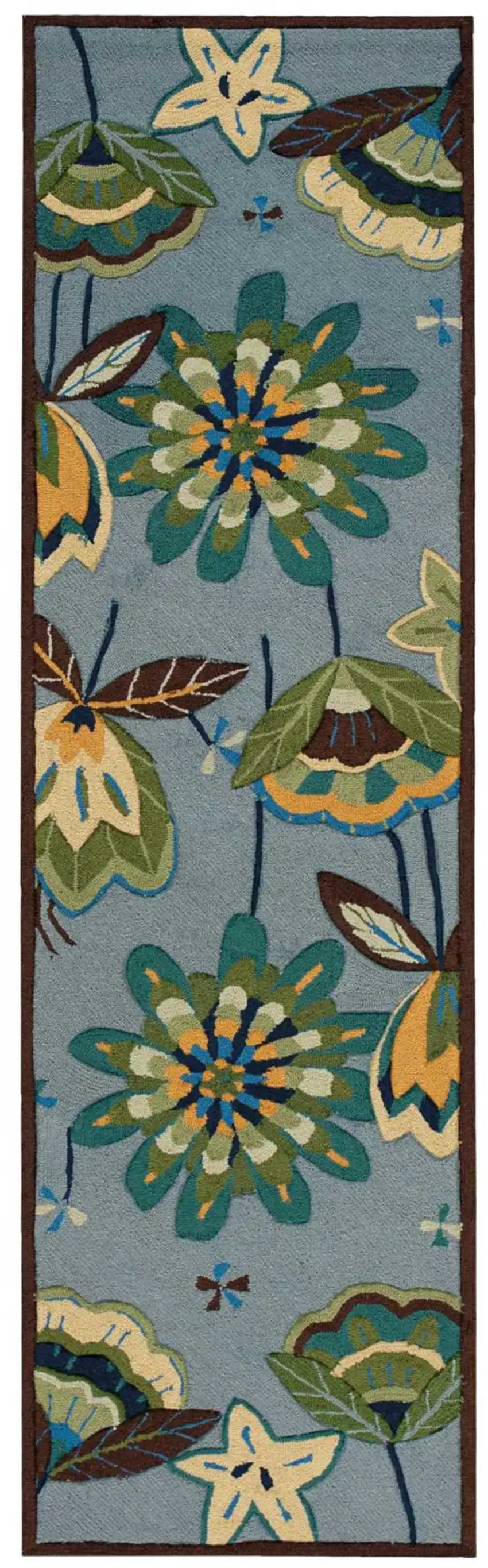 8' Blue Botanical Leaves Hand Carved Handmade Runner Rug Photo 1