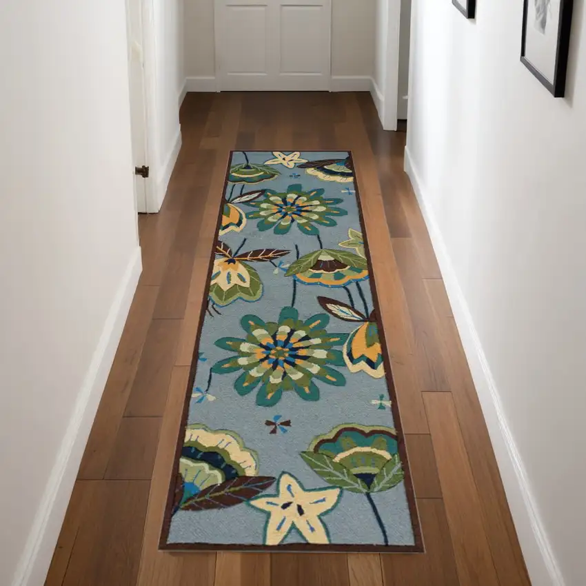 8' Blue Botanical Leaves Hand Carved Handmade Runner Rug Photo 2