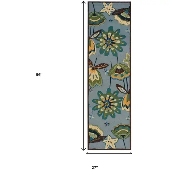 8' Blue Botanical Leaves Hand Carved Handmade Runner Rug Photo 7