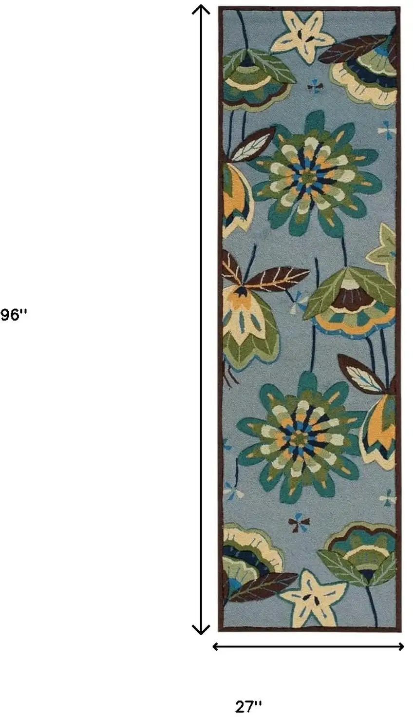 8' Blue Botanical Leaves Hand Carved Handmade Runner Rug Photo 7