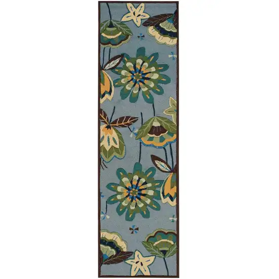 8' Blue Botanical Leaves Hand Carved Handmade Runner Rug Photo 1