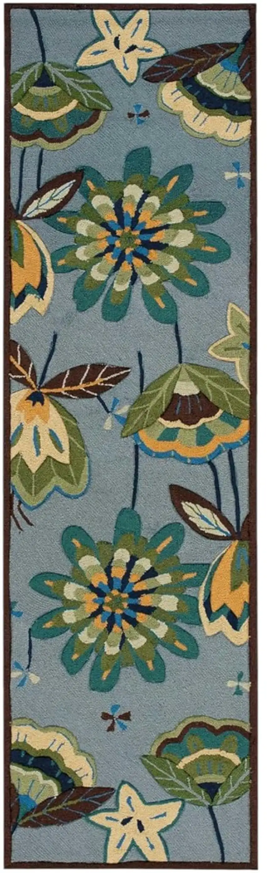 8' Blue Botanical Leaves Hand Carved Handmade Runner Rug Photo 1