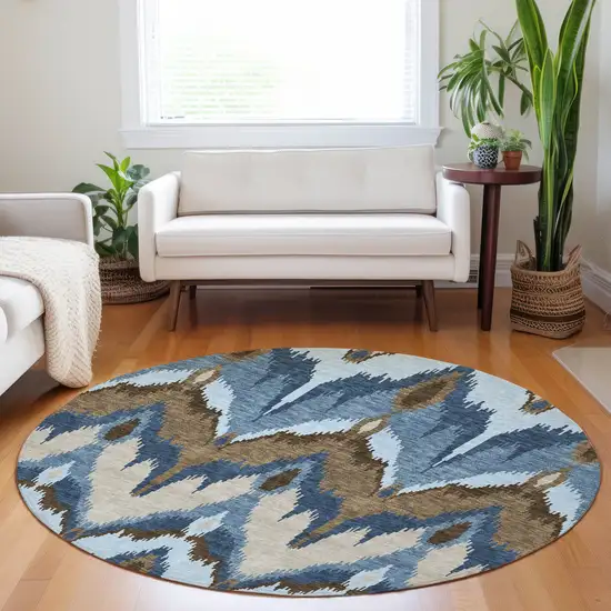 8' Blue Brown And Beige Ikat Washable Round Rug With UV Protection Photo 4