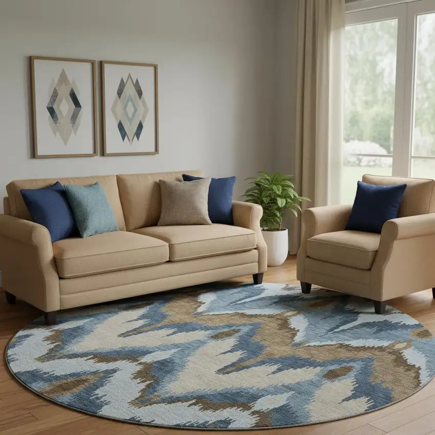 8' Blue Brown And Beige Ikat Washable Round Rug With UV Protection Photo 1