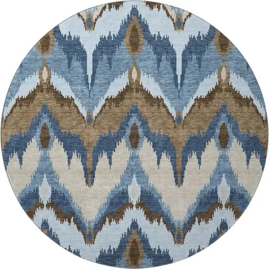 8' Blue Brown And Beige Ikat Washable Round Rug With UV Protection Photo 3