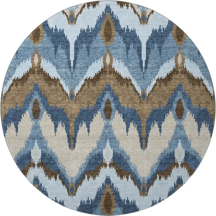 8' Blue Brown And Beige Ikat Washable Round Rug With UV Protection Photo 3