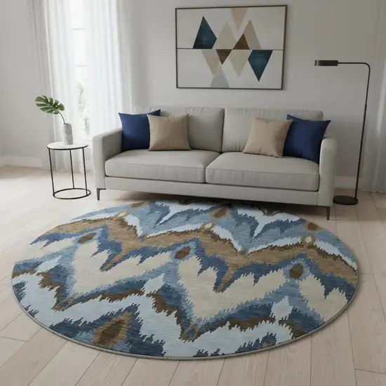 8' Blue Brown And Beige Ikat Washable Round Rug With UV Protection Photo 2