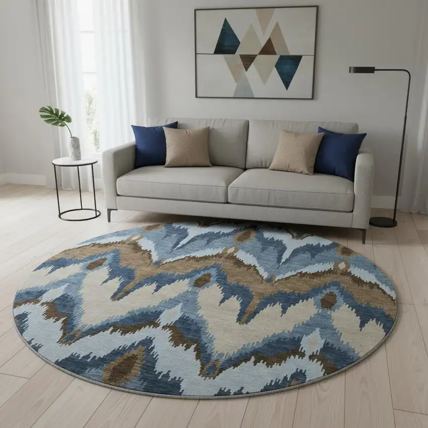 8' Blue Brown And Beige Ikat Washable Round Rug With UV Protection Photo 2