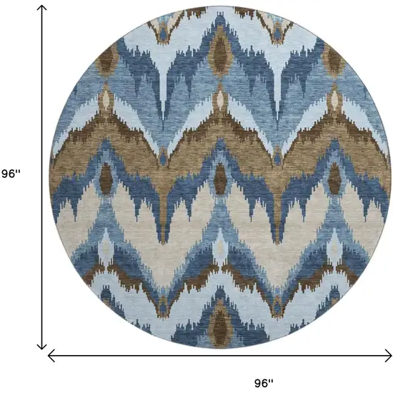 8' Blue Brown And Beige Ikat Washable Round Rug With UV Protection Photo 9
