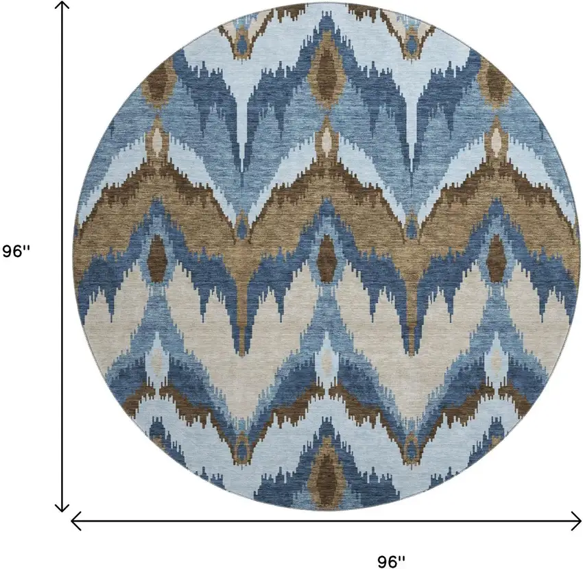 8' Blue Brown And Beige Ikat Washable Round Rug With UV Protection Photo 9
