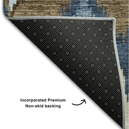 8' Blue Brown And Beige Ikat Washable Round Rug With UV Protection Photo 5