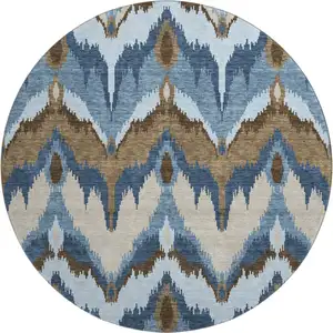 Photo of 8' Blue Brown And Beige Ikat Washable Round Rug With UV Protection