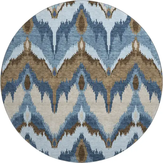 8' Blue Brown And Beige Ikat Washable Round Rug With UV Protection Photo 1