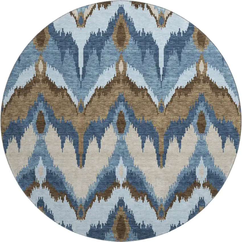 8' Blue Brown And Beige Ikat Washable Round Rug With UV Protection Photo 1