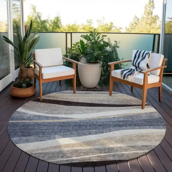 8' Blue Brown And Beige Round Abstract Washable Indoor Outdoor Area Rug Photo 7