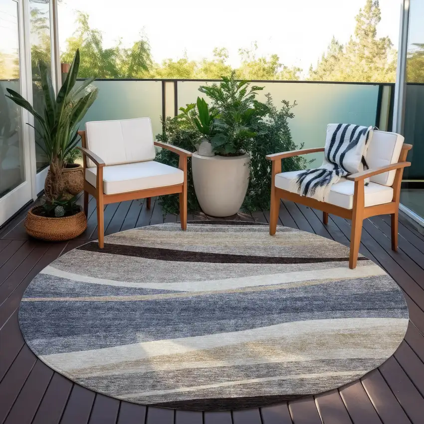 8' Blue Brown And Beige Round Abstract Washable Indoor Outdoor Area Rug Photo 7