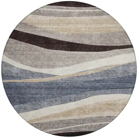 8' Blue Brown And Beige Round Abstract Washable Indoor Outdoor Area Rug Photo 5