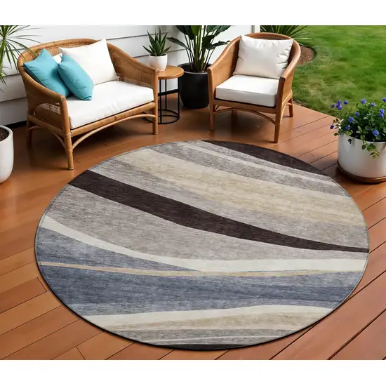 8' Blue Brown And Beige Round Abstract Washable Indoor Outdoor Area Rug Photo 1